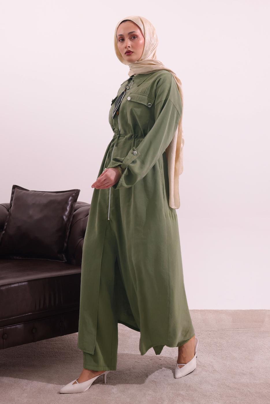 Tesettür giyim YEŞİL FULAR DETAYLI MODAL TAKIM T 5817