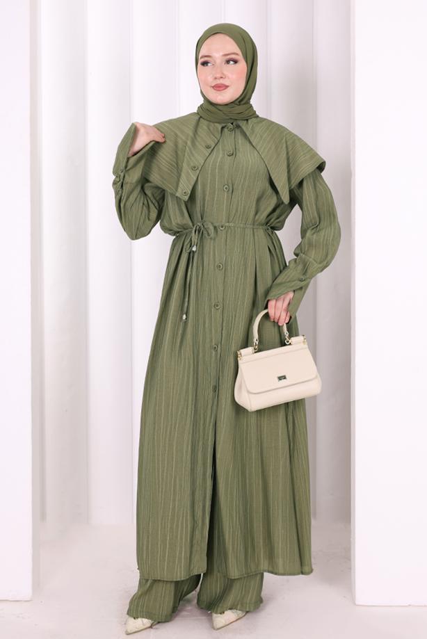 Hijab clothing KHAKI BELTED PETER PAN COLLAR PANTSUIT T 6308 - TRENDTESETTÜR