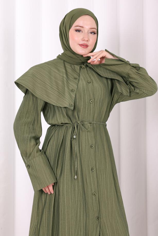 Hijab clothing KHAKI BELTED PETER PAN COLLAR PANTSUIT T 6308 - TRENDTESETTÜR