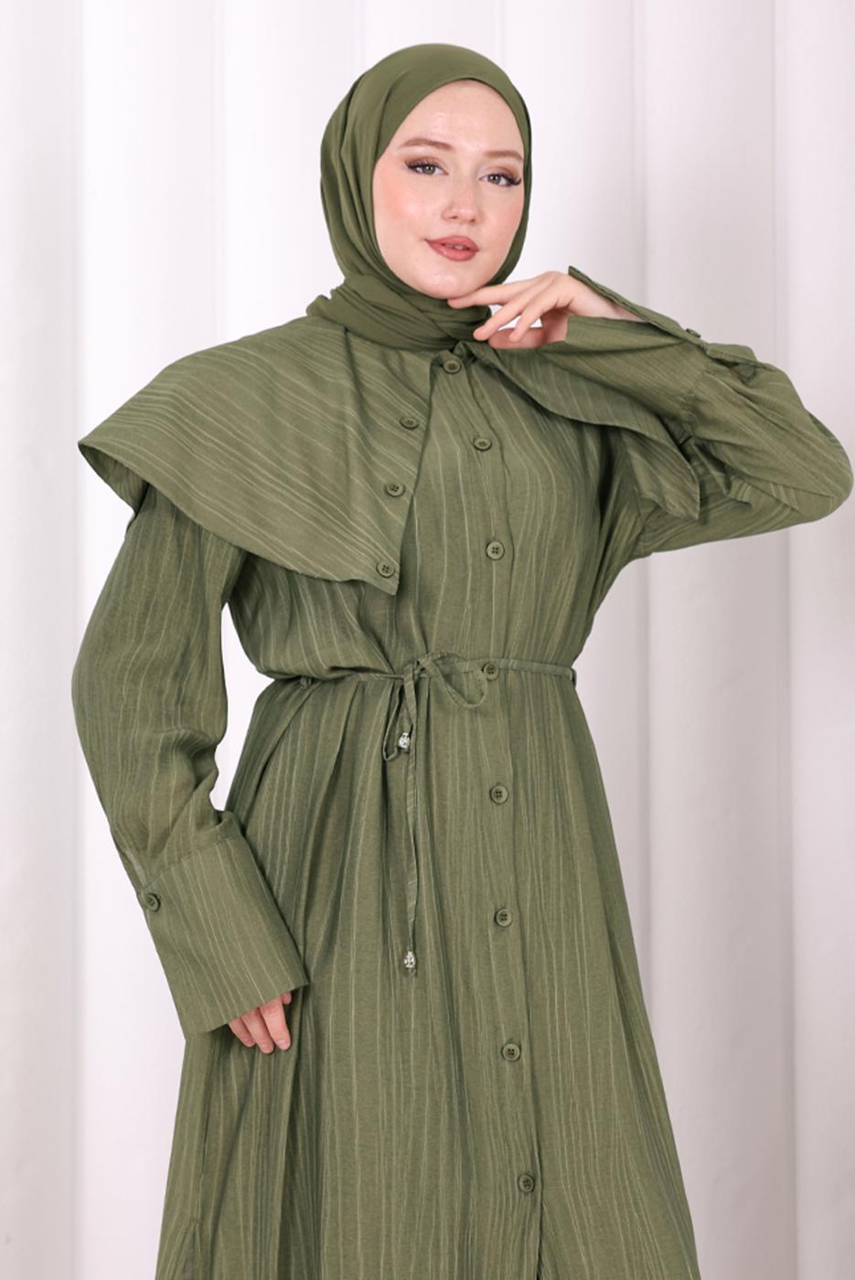 Hijab clothing KHAKI BELTED PETER PAN COLLAR PANTSUIT T 6308