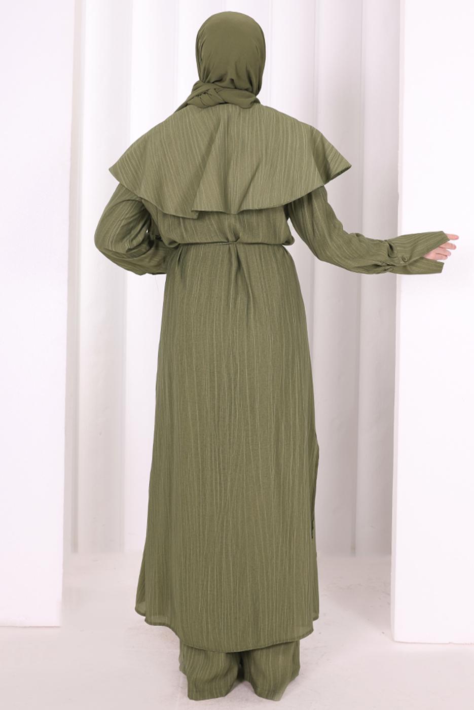 Hijab clothing KHAKI BELTED PETER PAN COLLAR PANTSUIT T 6308