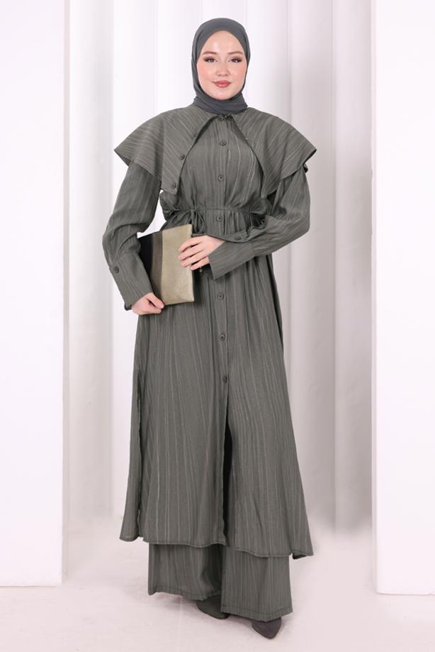 Hijab clothing GREY BELTED PETER PAN COLLAR PANTSUIT T 6308 - TRENDTESETTÜR