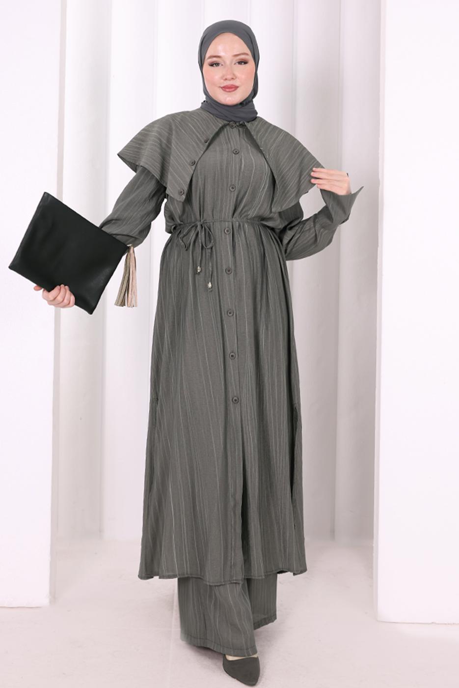 Hijab clothing GREY BELTED PETER PAN COLLAR PANTSUIT T 6308