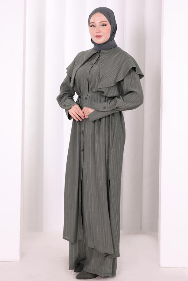 Hijab clothing GREY BELTED PETER PAN COLLAR PANTSUIT T 6308 - TRENDTESETTÜR