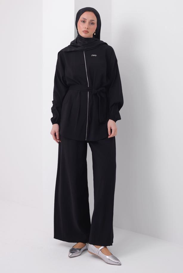 Tesettür giyim SİYAH PANTOLONLU KUŞAKLI TAKIM T 6917 - TRENDTESETTÜR