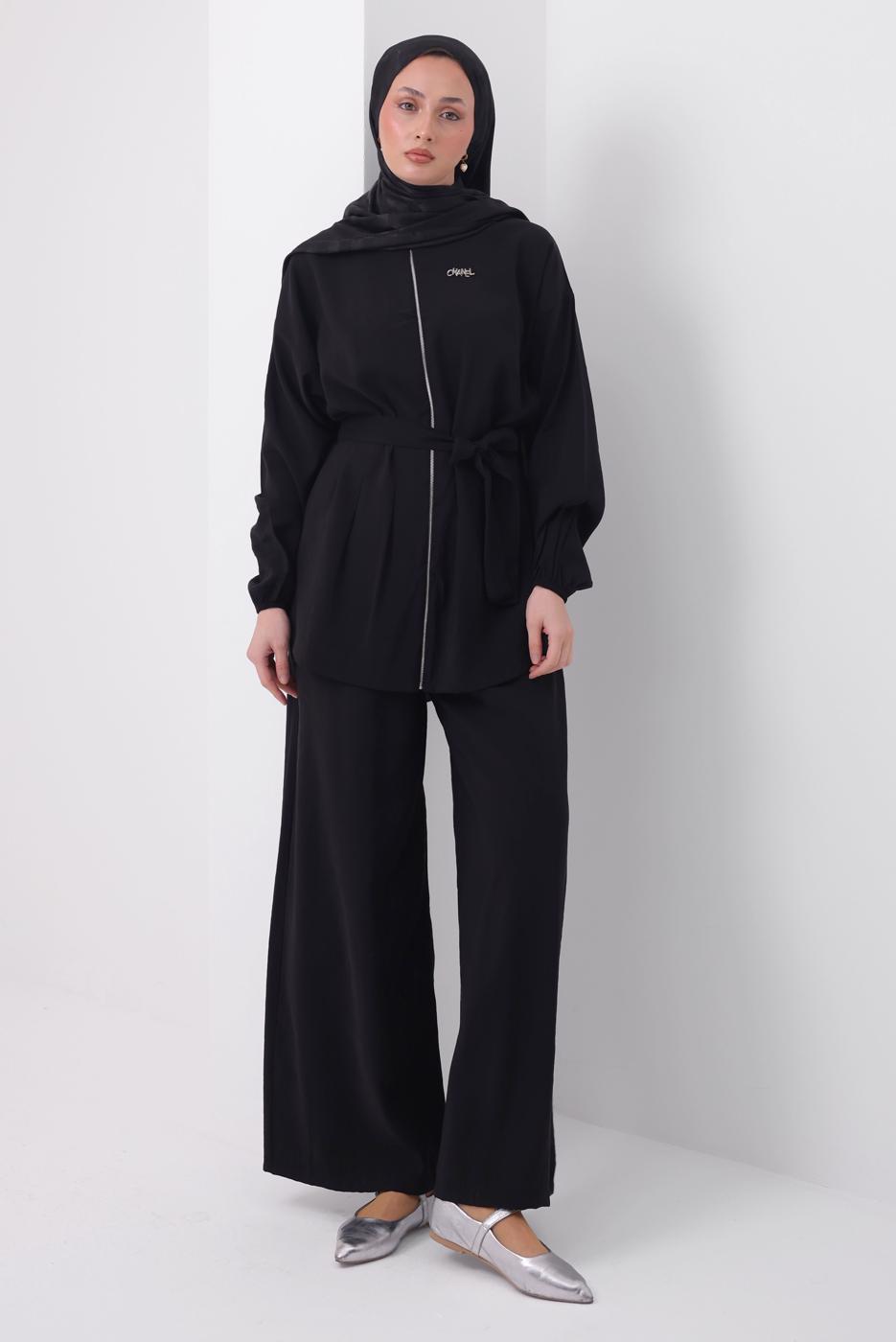 Tesettür giyim SİYAH KUŞAKLI MODAL TAKIM T 6917