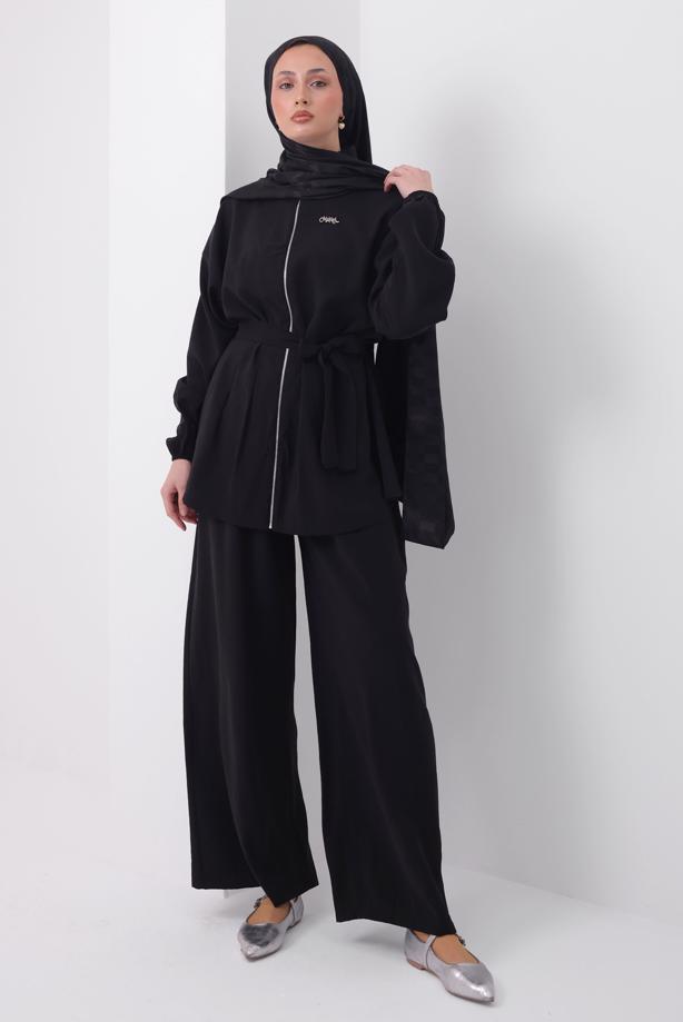 Tesettür giyim SİYAH PANTOLONLU KUŞAKLI TAKIM T 6917 - TRENDTESETTÜR