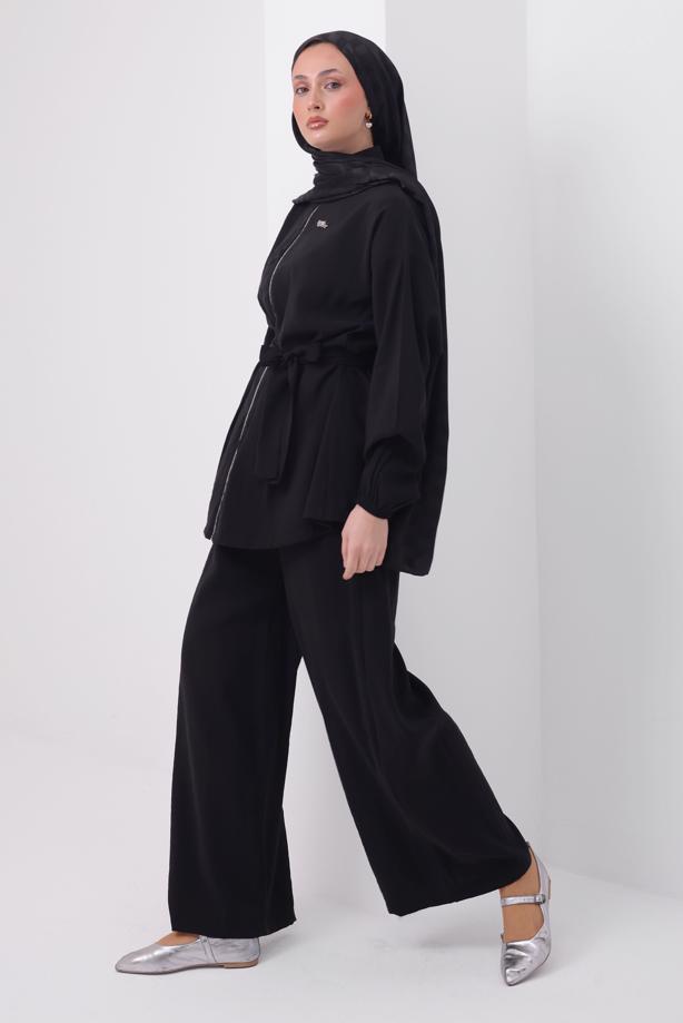 Tesettür giyim SİYAH PANTOLONLU KUŞAKLI TAKIM T 6917 - TRENDTESETTÜR