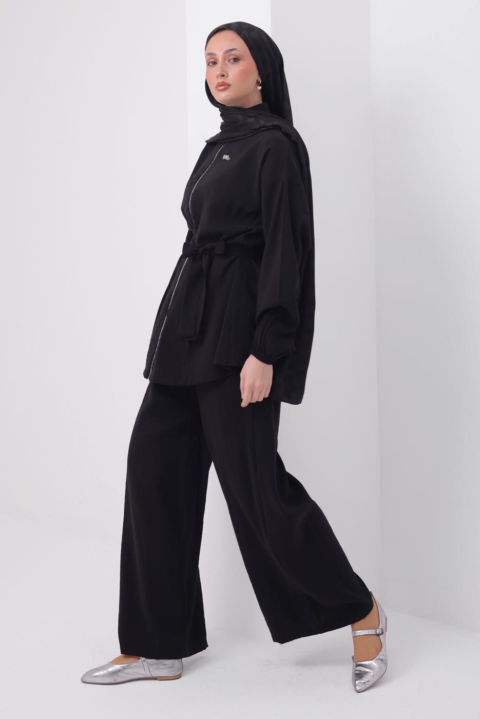 Tesettür giyim SİYAH KUŞAKLI MODAL TAKIM T 6917
