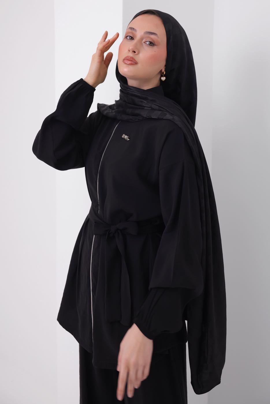 Tesettür giyim SİYAH KUŞAKLI MODAL TAKIM T 6917