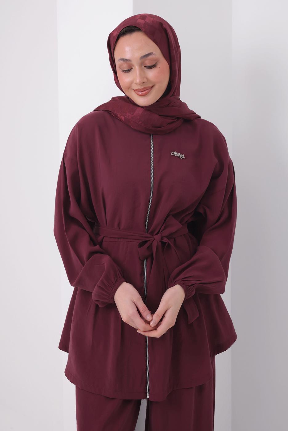 Tesettür giyim BORDO KUŞAKLI MODAL TAKIM T 6917