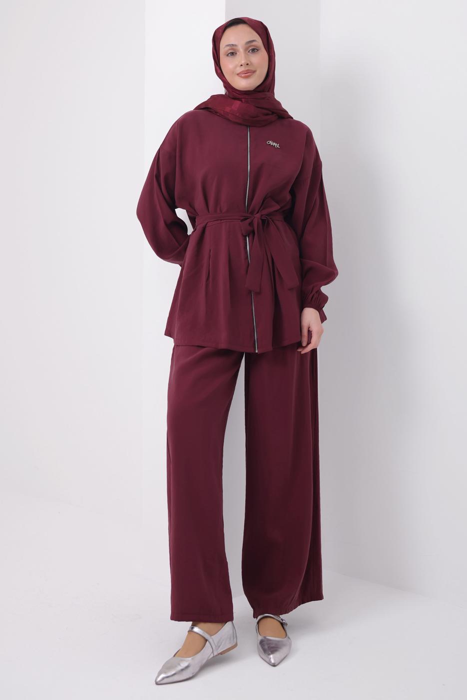 Tesettür giyim BORDO KUŞAKLI MODAL TAKIM T 6917