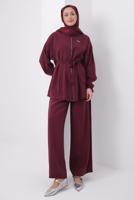 Tesettür giyim BORDO KUŞAKLI MODAL TAKIM T 6917