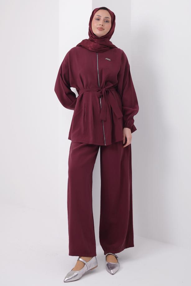 Tesettür giyim BORDO PANTOLONLU KUŞAKLI TAKIM T 6917 - TRENDTESETTÜR