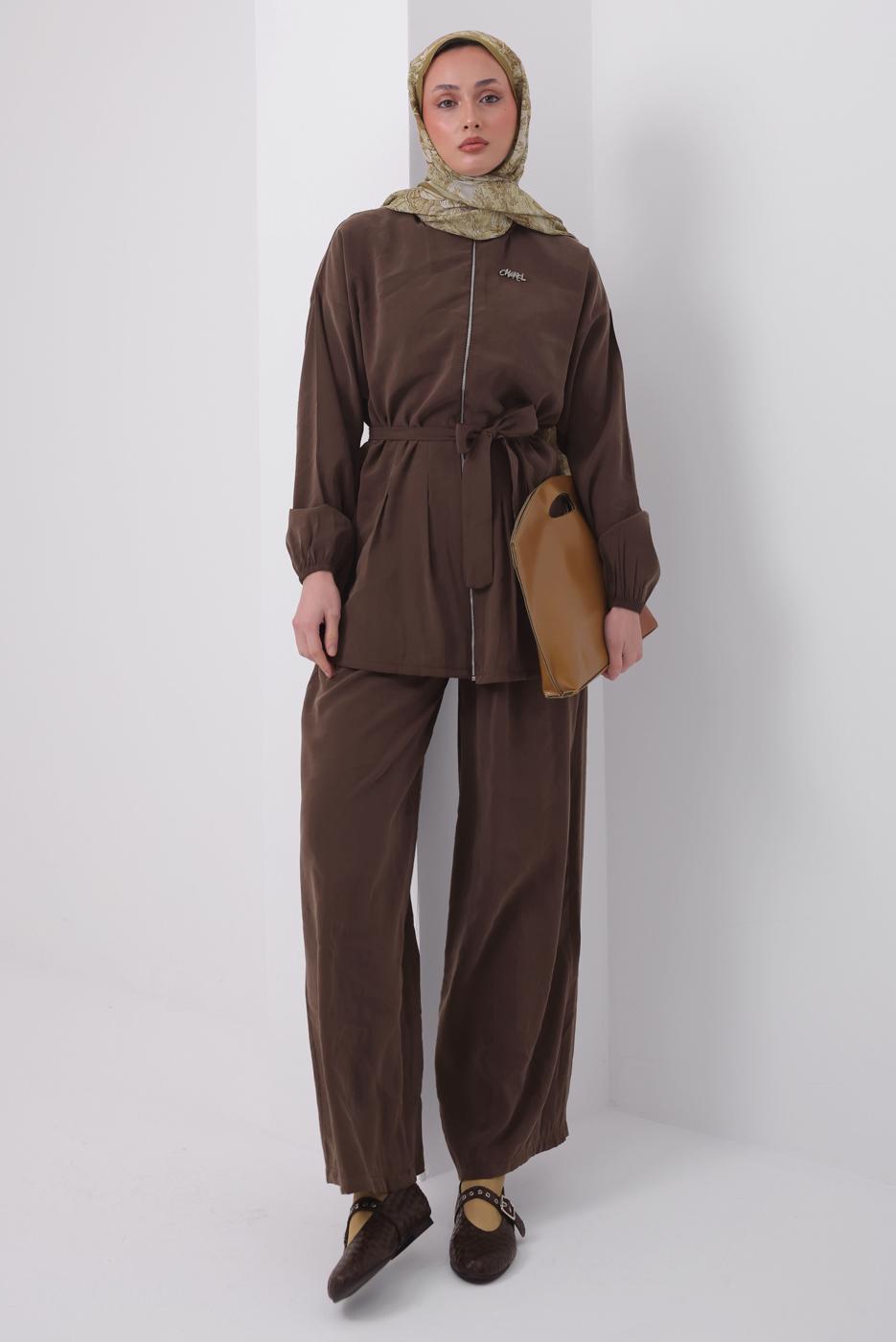 Tesettür giyim KAHVE KUŞAKLI MODAL TAKIM T 6917