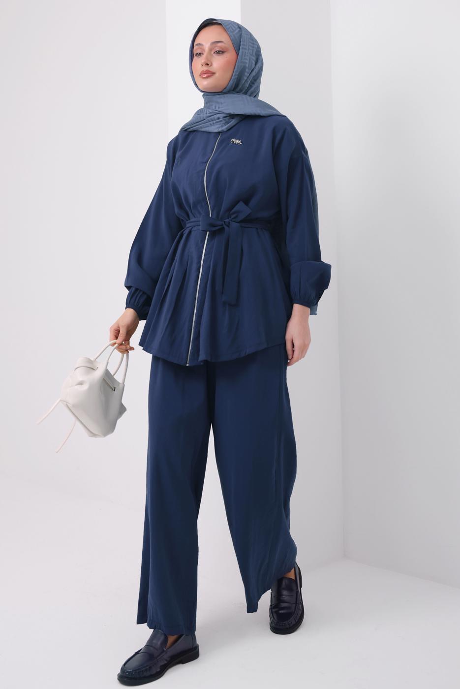 Tesettür giyim LACİVERT KUŞAKLI MODAL TAKIM T 6917