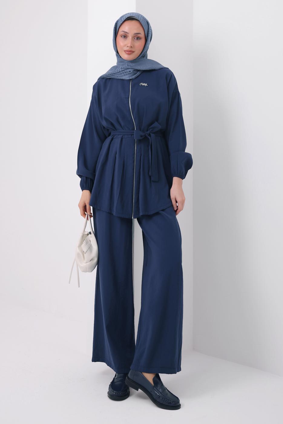 Tesettür giyim LACİVERT KUŞAKLI MODAL TAKIM T 6917