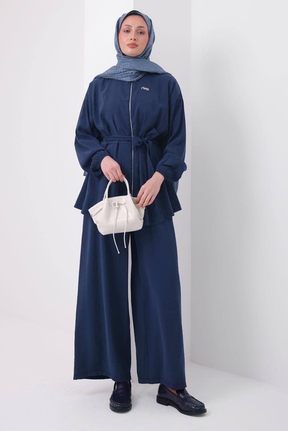 Tesettür giyim LACİVERT KUŞAKLI MODAL TAKIM T 6917