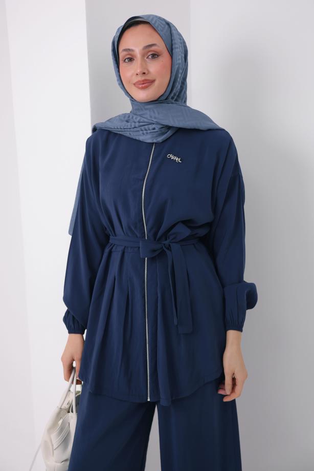 Tesettür giyim LACİVERT PANTOLONLU KUŞAKLI TAKIM T 6917 - TRENDTESETTÜR