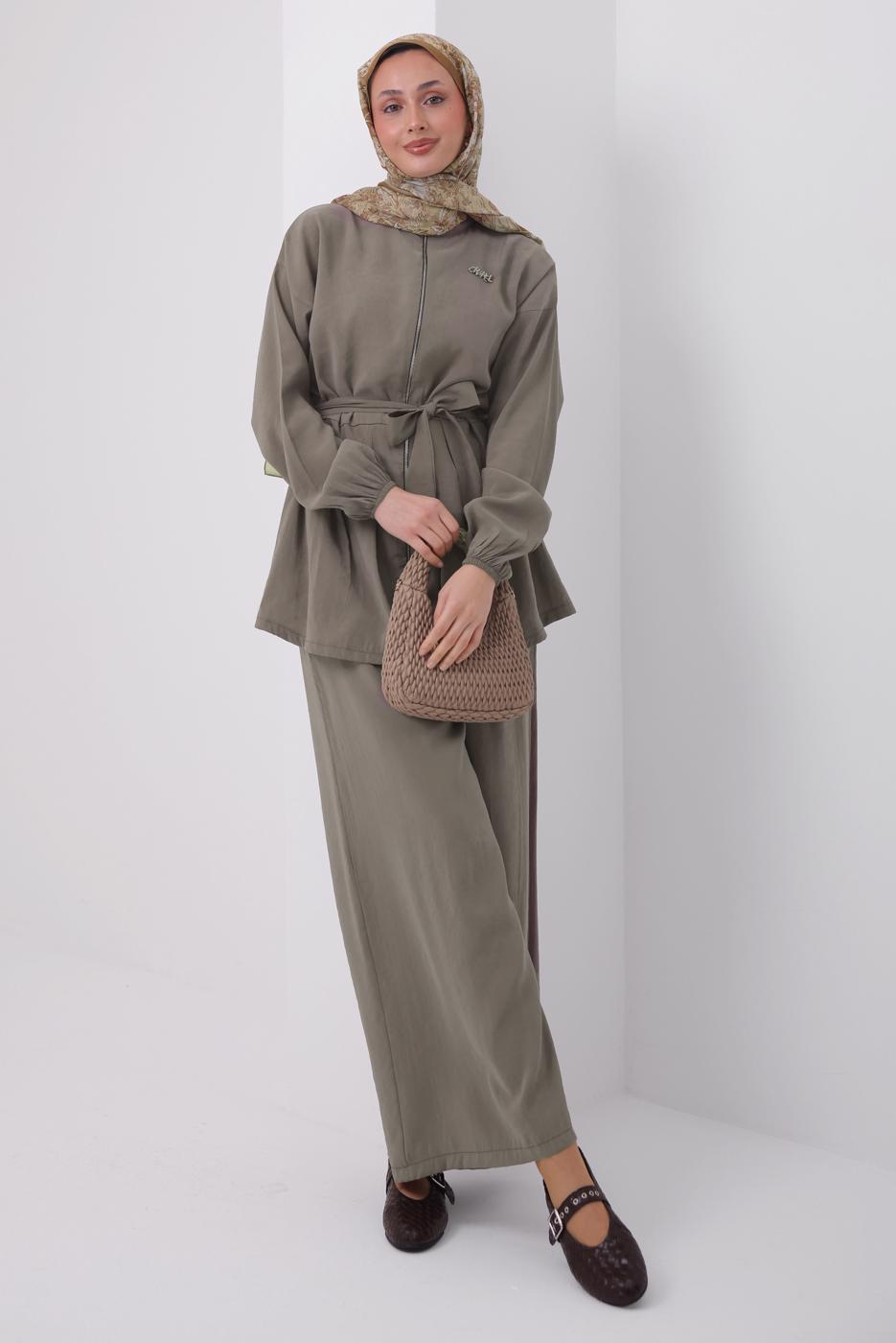 Tesettür giyim VİZON KUŞAKLI MODAL TAKIM T 6917