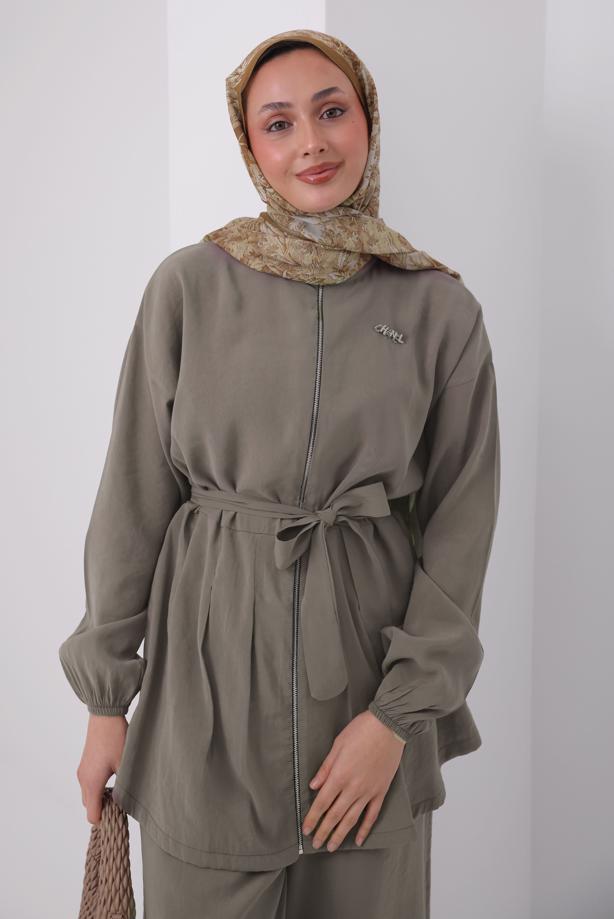 Tesettür giyim VİZON PANTOLONLU KUŞAKLI TAKIM T 6917 - TRENDTESETTÜR
