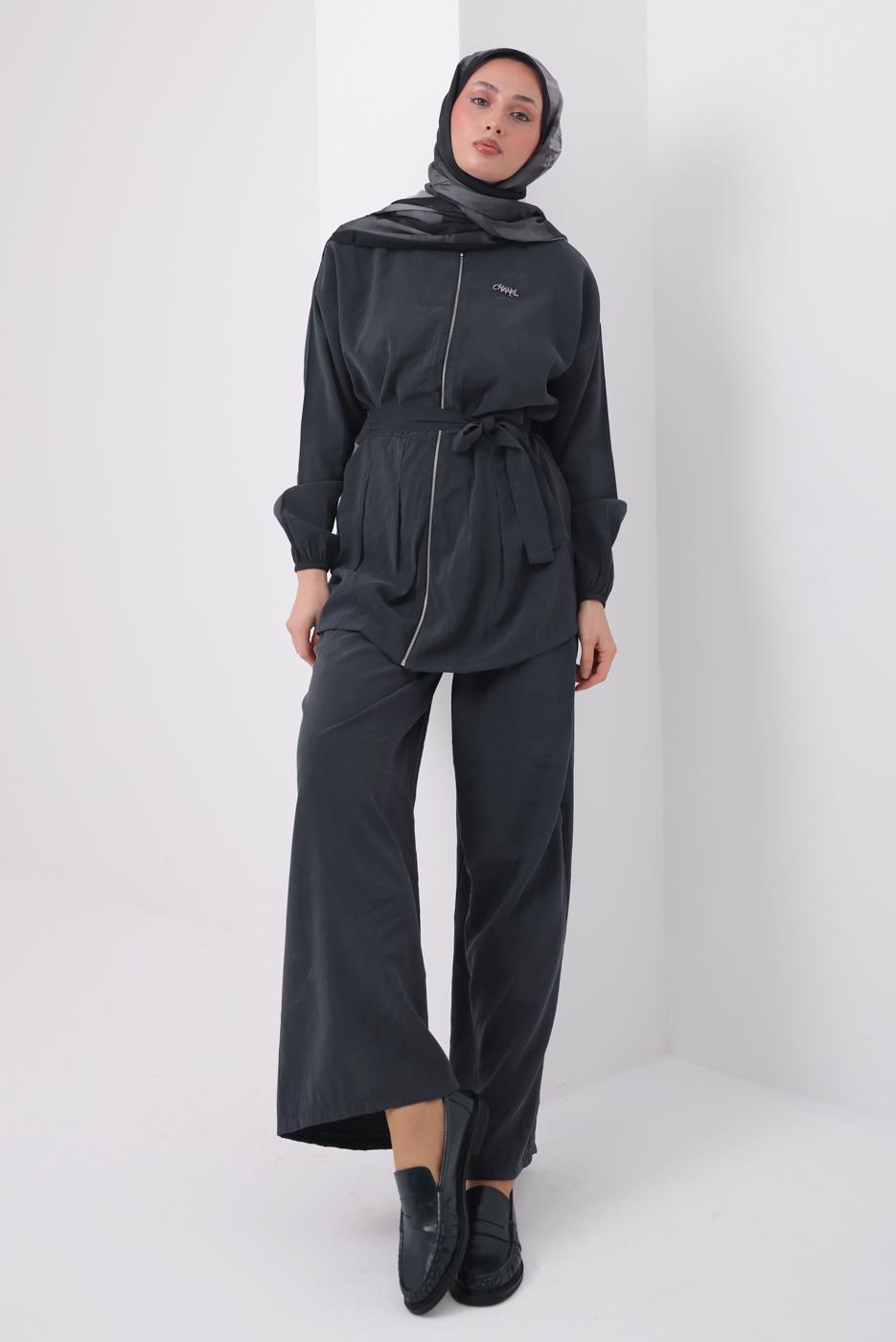 Tesettür giyim GRİ KUŞAKLI MODAL TAKIM T 6917