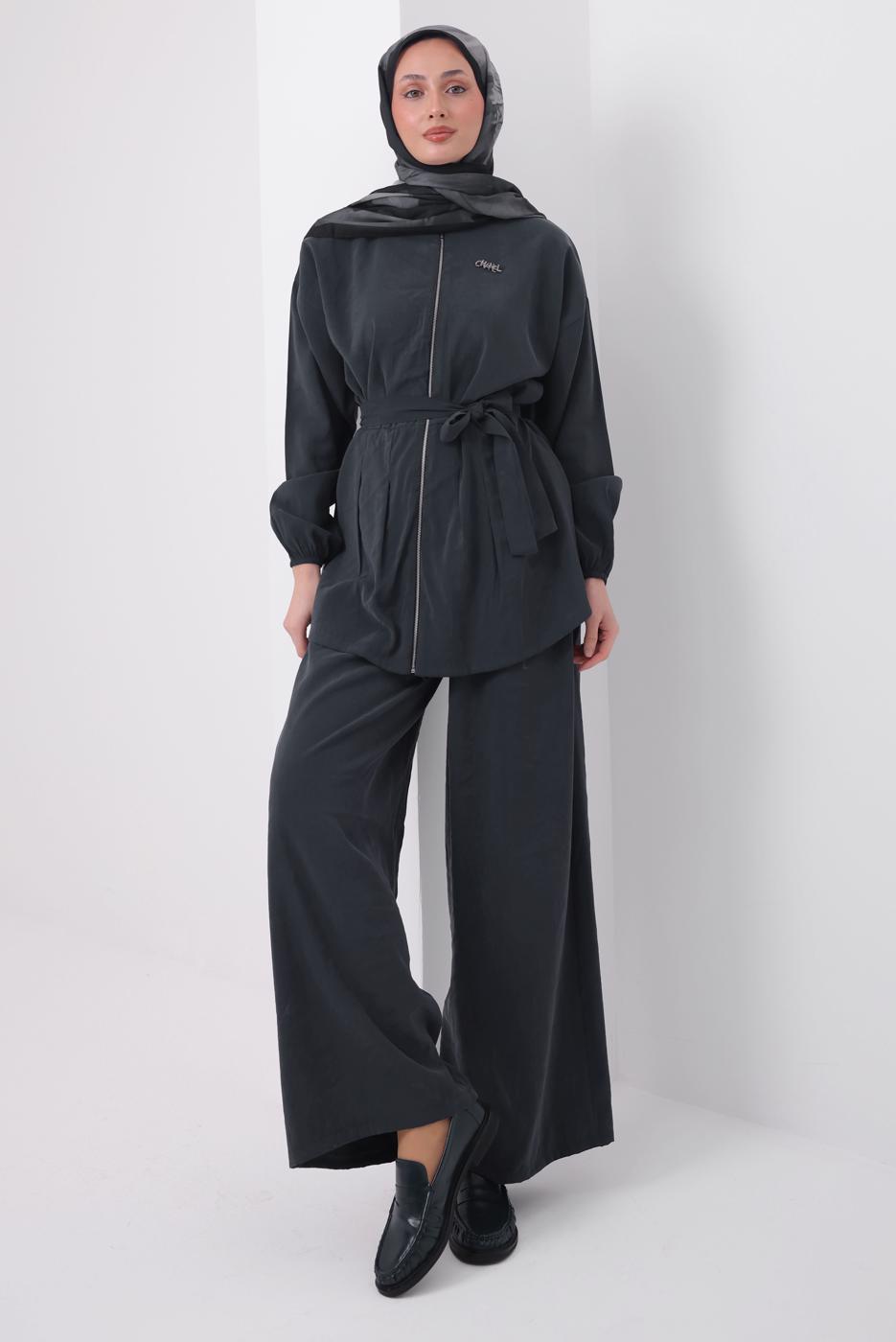 Tesettür giyim GRİ KUŞAKLI MODAL TAKIM T 6917