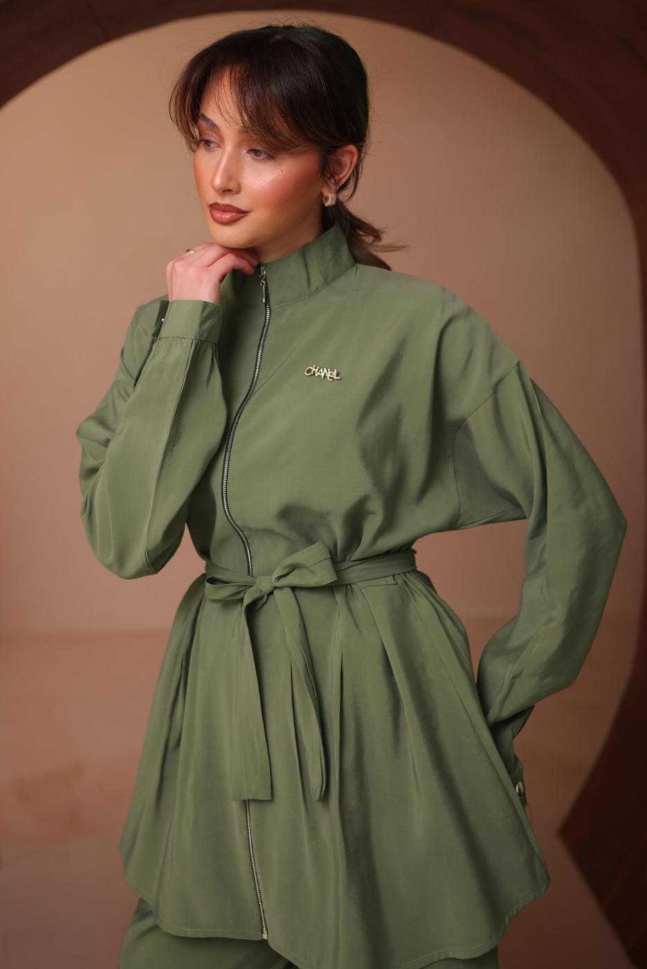 Tesettür giyim YEŞİL KUŞAKLI MODAL TAKIM T 6917