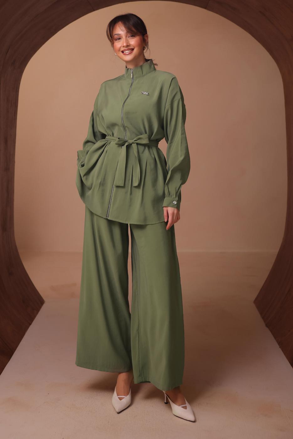 Tesettür giyim YEŞİL KUŞAKLI MODAL TAKIM T 6917