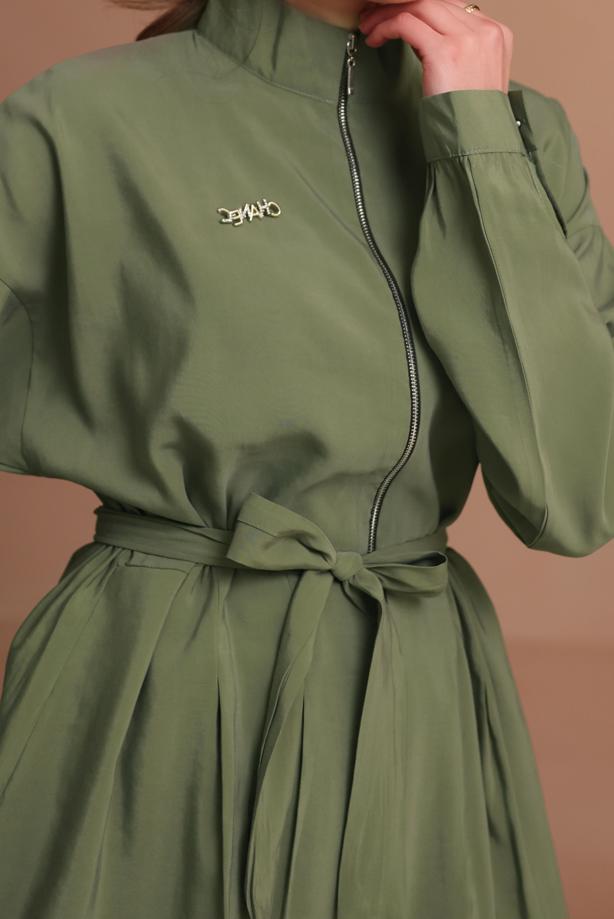 Tesettür giyim YEŞİL PANTOLONLU KUŞAKLI TAKIM T 6917 - TRENDTESETTÜR