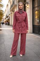Tesettür giyim BORDO KUŞAKLI DENİM PANTOLONLU TAKIM T 6926