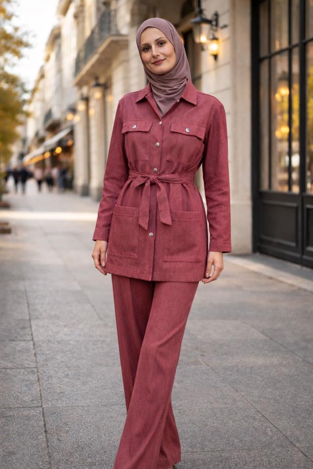 Tesettür giyim BORDO KUŞAKLI DENİM PANTOLONLU TAKIM T 6926 - TRENDTESETTÜR