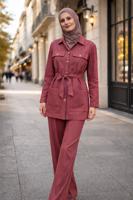 Tesettür giyim BORDO KUŞAKLI DENİM PANTOLONLU TAKIM T 6926