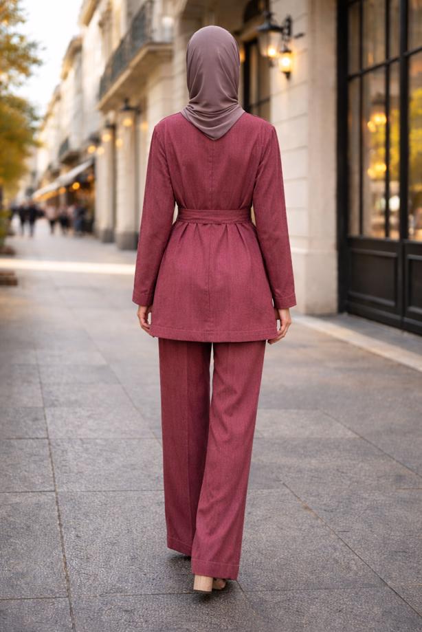 Tesettür giyim BORDO KUŞAKLI DENİM PANTOLONLU TAKIM T 6926 - TRENDTESETTÜR