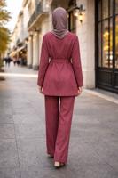 Tesettür giyim BORDO KUŞAKLI DENİM PANTOLONLU TAKIM T 6926
