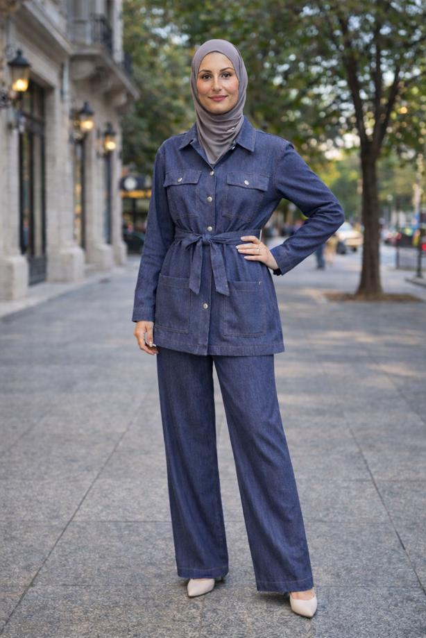 Tesettür giyim LACİVERT KUŞAKLI PANTOLONLU TAKIM T 6926 - TRENDTESETTÜR