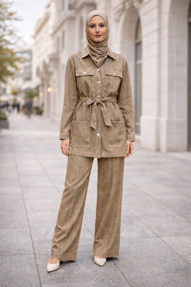 Tesettür giyim VİZON KUŞAKLI DENİM PANTOLONLU TAKIM T 6926 - TRENDTESETTÜR