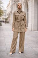 Tesettür giyim VİZON KUŞAKLI DENİM PANTOLONLU TAKIM T 6926