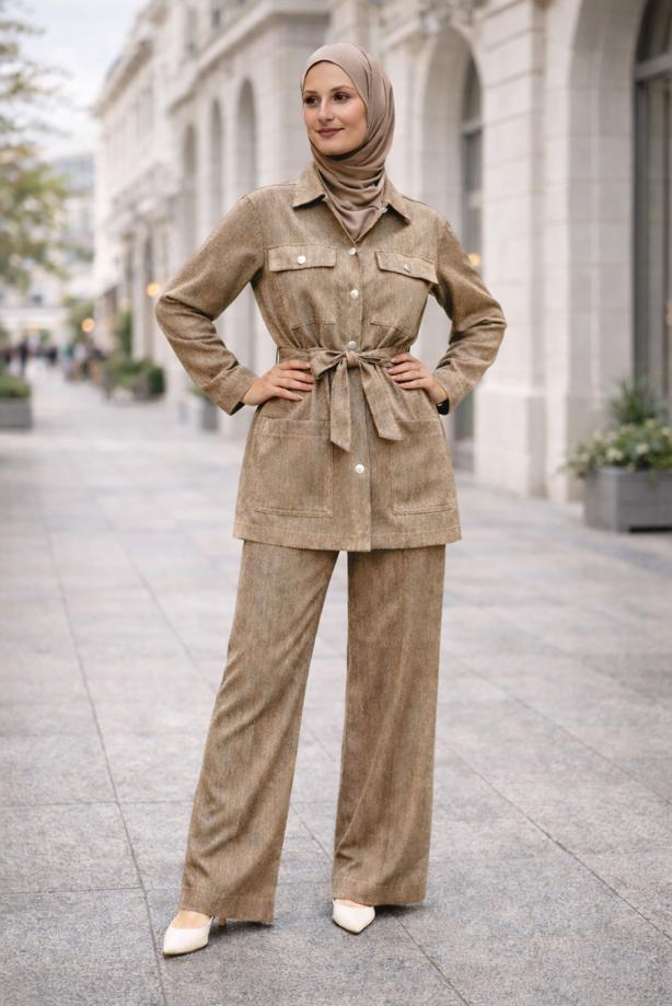 Tesettür giyim VİZON KUŞAKLI DENİM PANTOLONLU TAKIM T 6926 - TRENDTESETTÜR