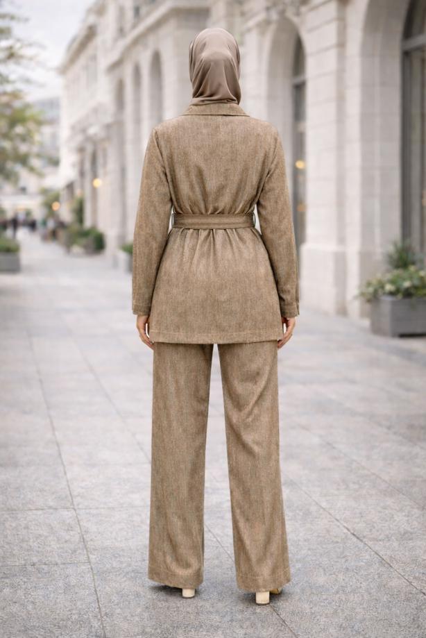 Tesettür giyim VİZON KUŞAKLI DENİM PANTOLONLU TAKIM T 6926 - TRENDTESETTÜR