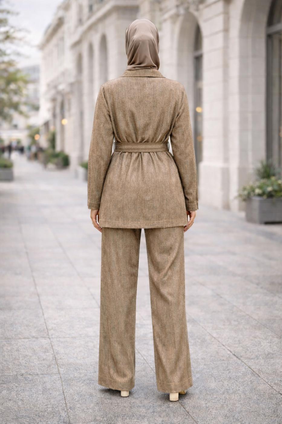 Tesettür giyim VİZON KUŞAKLI DENİM PANTOLONLU TAKIM T 6926