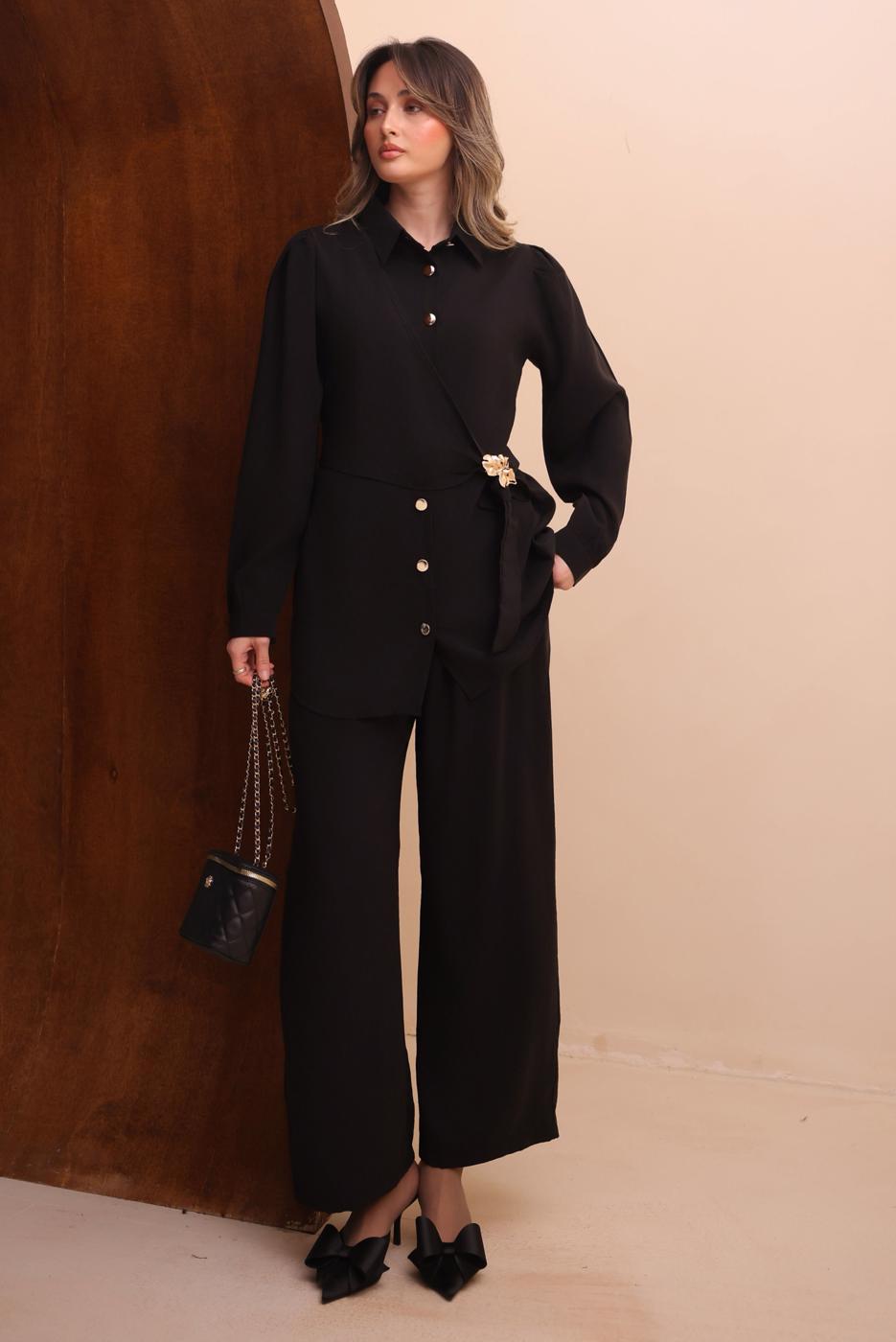 Tesettür giyim SİYAH KEMERLİ PANTOLONLU MODAL TAKIM T 7262