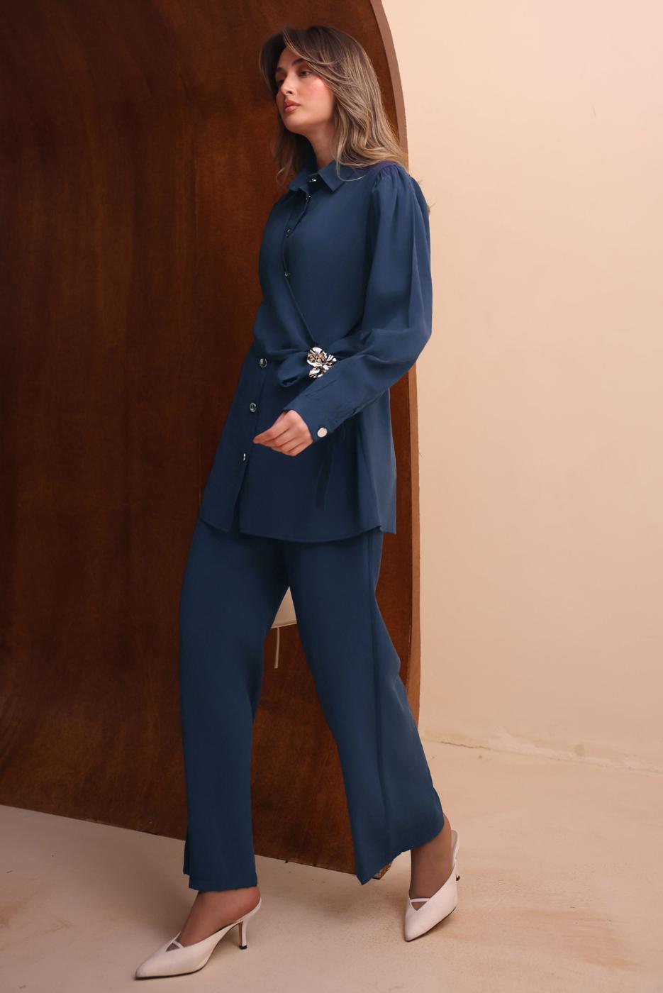 Tesettür giyim LACİVERT KEMERLİ PANTOLONLU MODAL TAKIM T 7262