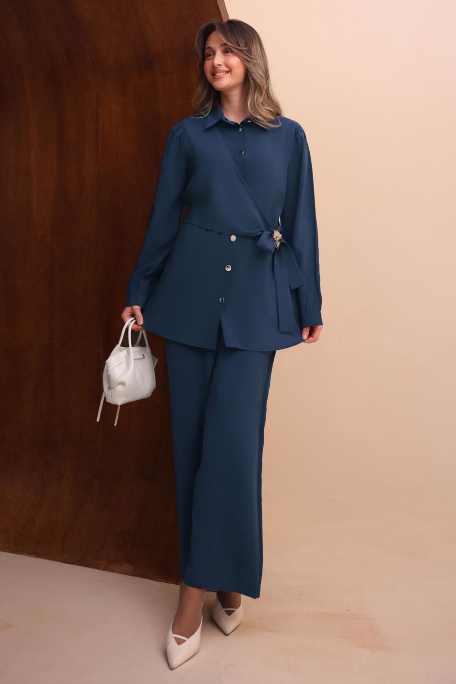 Tesettür giyim LACİVERT KEMERLİ PANTOLONLU MODAL TAKIM T 7262
