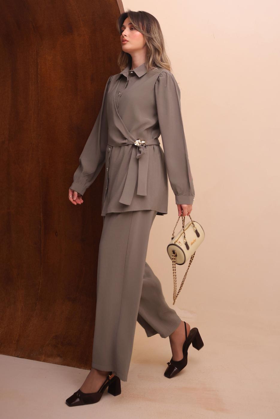 Tesettür giyim VİZON KEMERLİ PANTOLONLU MODAL TAKIM T 7262