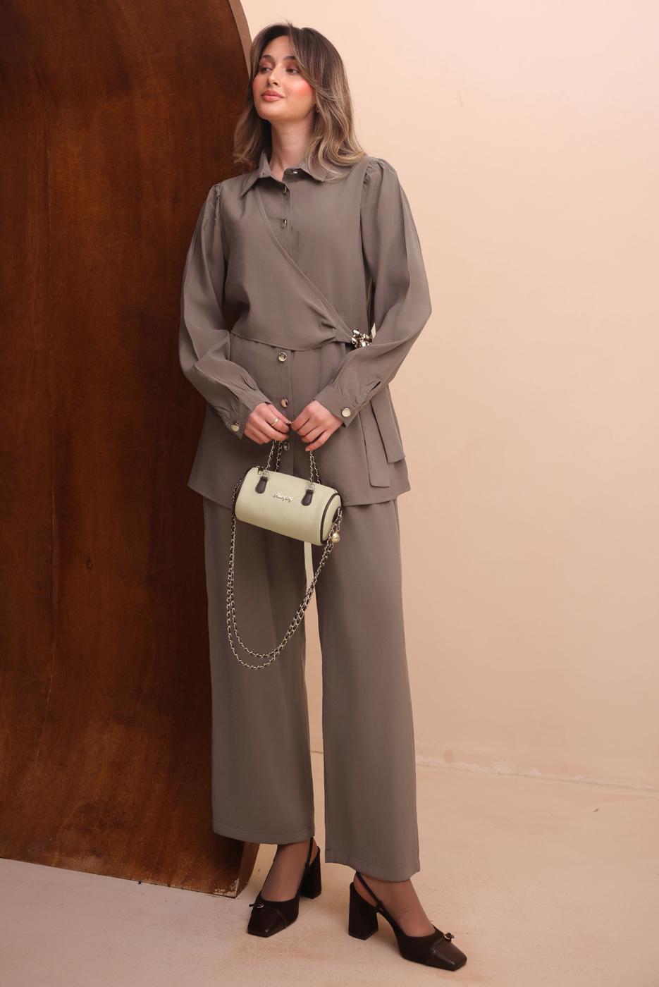 Tesettür giyim VİZON KEMERLİ PANTOLONLU MODAL TAKIM T 7262