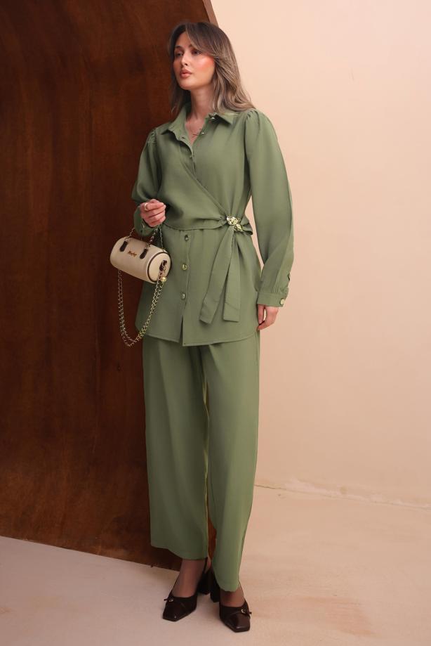 Tesettür giyim YEŞİL T 7262 NSS PANTOLONLU TAKIM - TRENDTESETTÜR