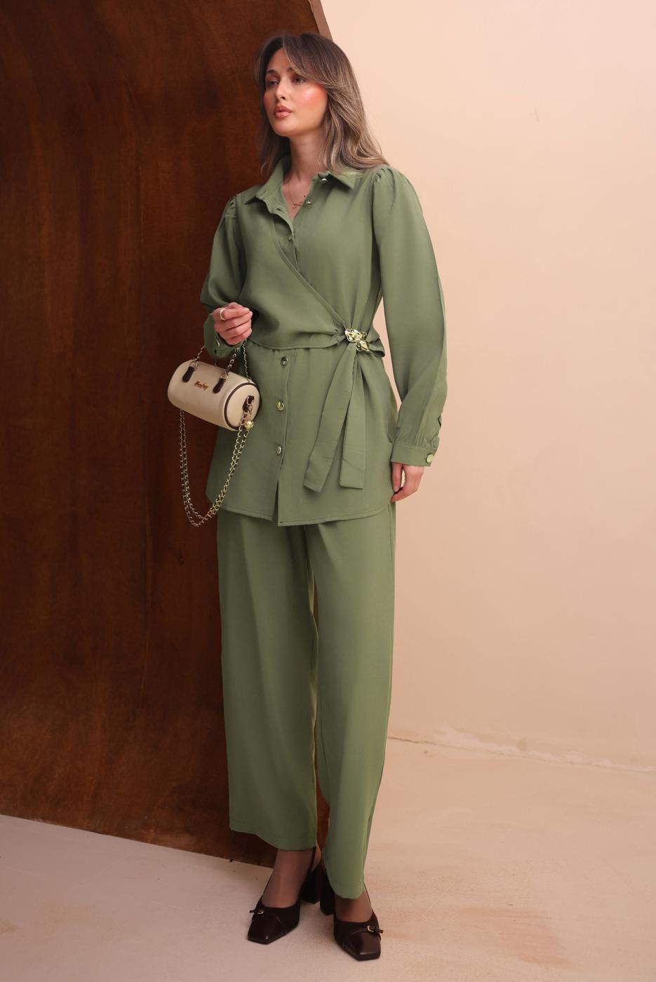 Tesettür giyim YEŞİL KEMERLİ PANTOLONLU MODAL TAKIM T 7262