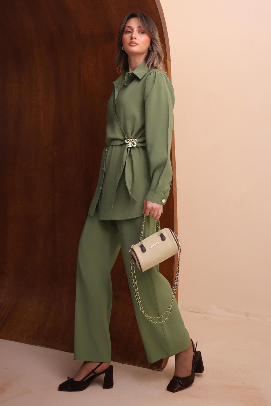 Tesettür giyim YEŞİL KEMERLİ PANTOLONLU MODAL TAKIM T 7262