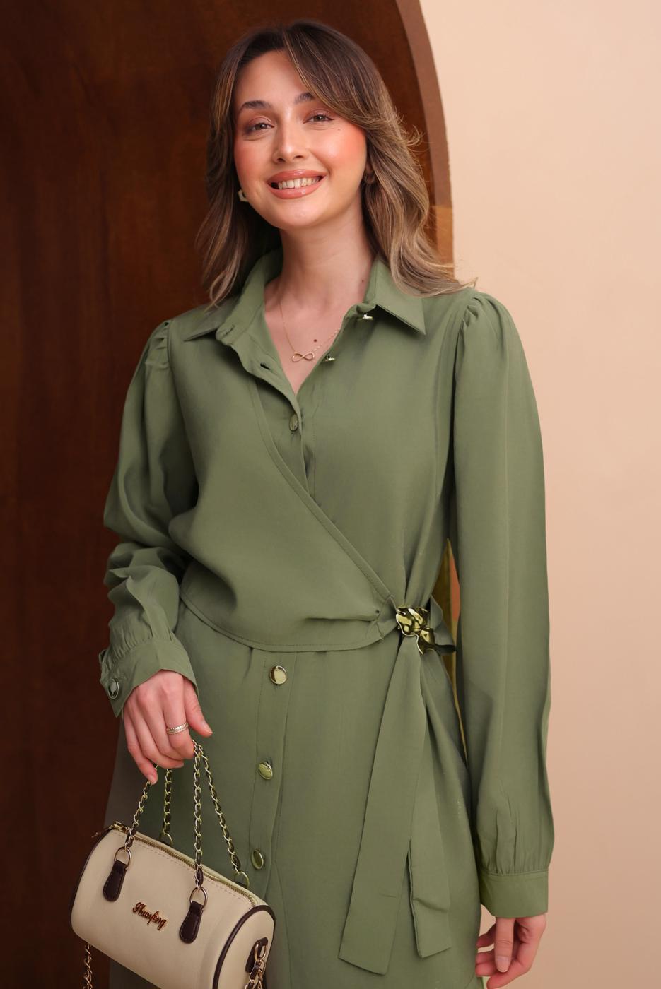 Tesettür giyim YEŞİL KEMERLİ PANTOLONLU MODAL TAKIM T 7262